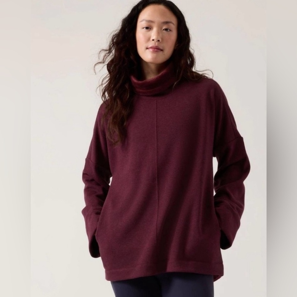 Athleta Cozy Karma Funnel Neck Sweatshirt, Spiced Cabernet Heather. Medium.